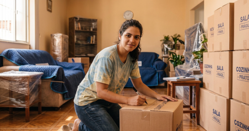 Mulher organizando mudança residêncial